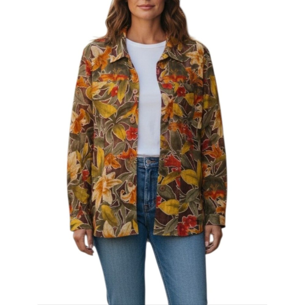 Alfred Dunner Semi Sheer Tropical Floral Print Button Down Shirt - Picture 1 of 10